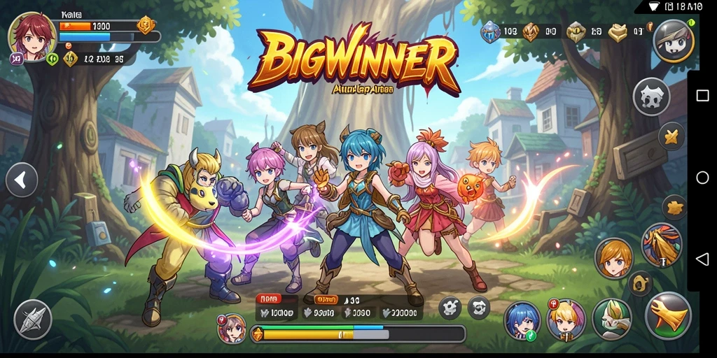 Tangkapan layar gameplay BIGWINNER yang menampilkan karakter anime dalam aksi.