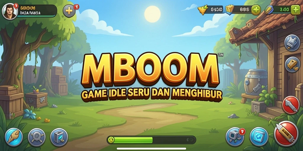 Tampilan gameplay menarik MBOOM dengan karakter dan sumber daya.