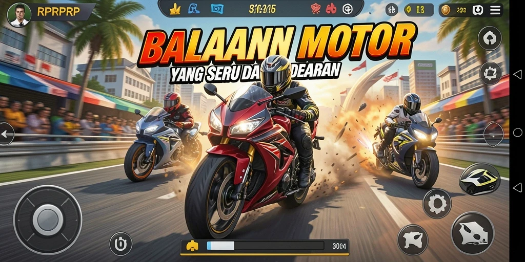 Screenshot dari gameplay RPRPRP menampilkan balapan motor yang mendebarkan.