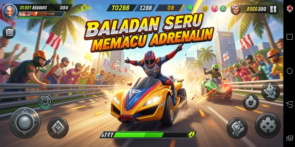 Screenshot TO288 menampilkan aksi balapan yang mendebarkan dan mobil-mobil kencang.